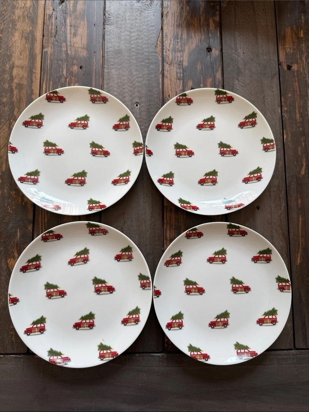 Pottery Barn Holiday Red Car Tree Ceramic 7 in Set of 4 Appetizer/Desert Plates